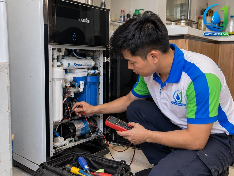 Thợ kiểm tra bơm, van và lõi Smax máy lọc nước Karofi tủ đứng